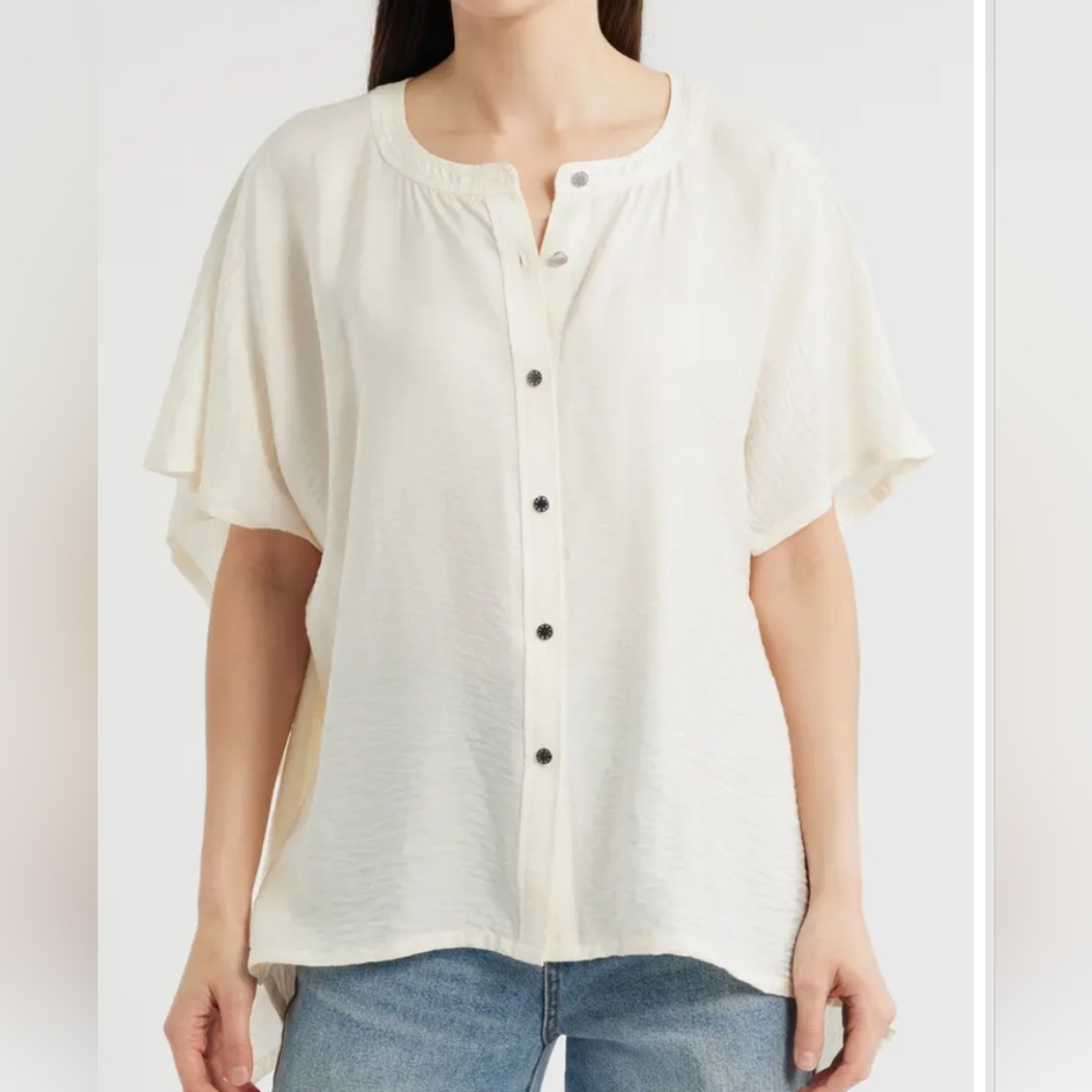 DKNY | Women's Coconut Textured Crinkly Voile Button-Up Dolman Sleeved Blouse